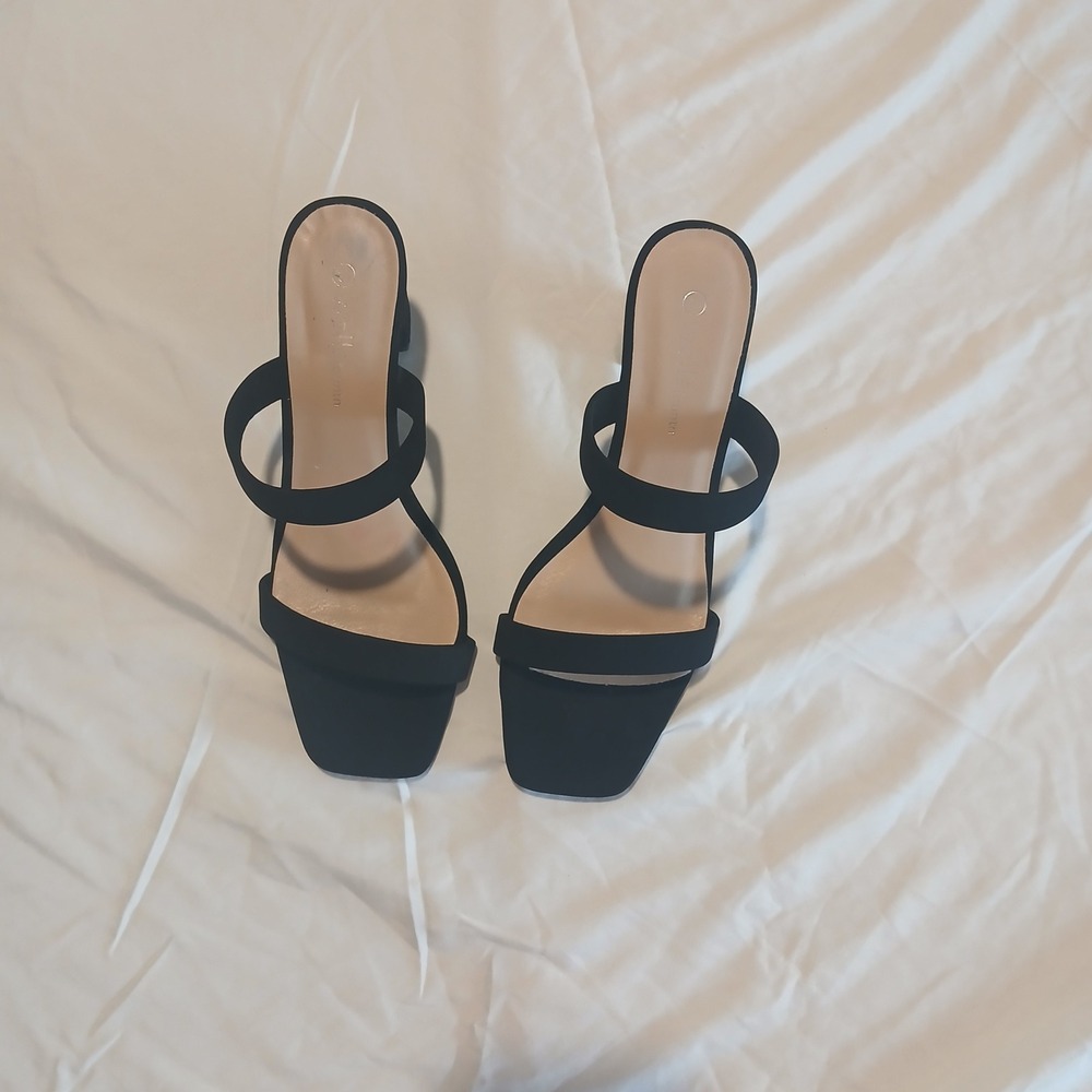 Wet Knot Black Suede Double Strap Block Heel Sandals Square Toe Size 10